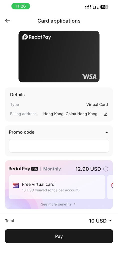 RedotPay virtual card checkout total 10 USD before promo
