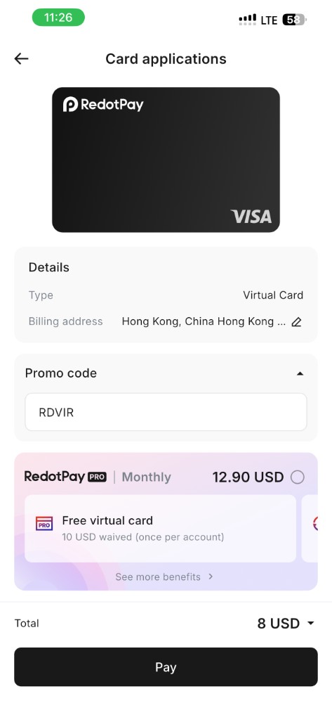 RedotPay 20% off RDVIR promo code checkout after, $8 total, verified 4 September 2026