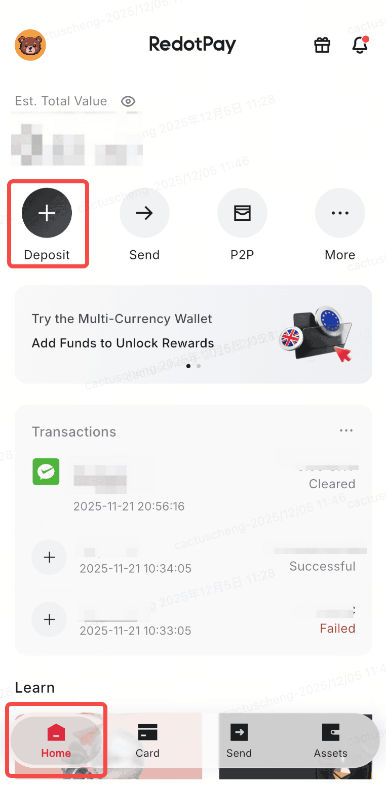 Stablecoin deposit screen