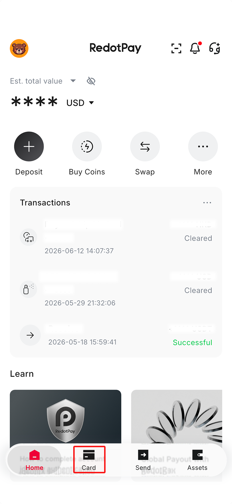 Card apply screen